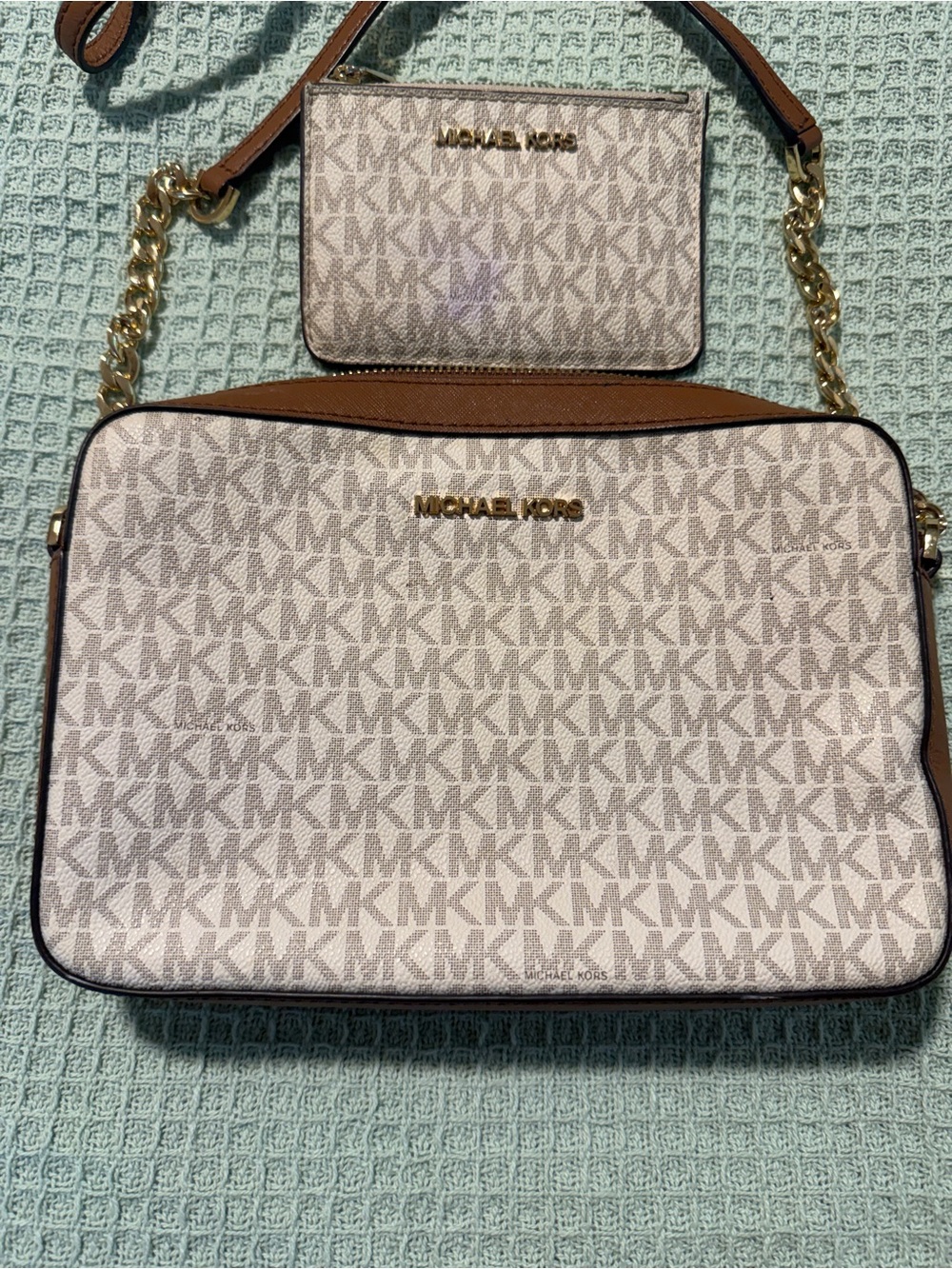 Michael Kors Jet Set Large Logo Print Woven Crossbody Bag Purse w/ wallet - Picture 6 of 11